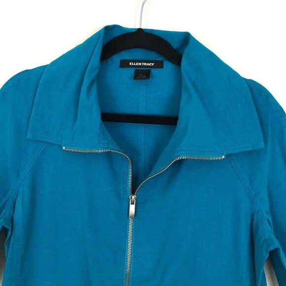 Ellen Tracy Women's Size XS Linen Blend Aqua Blue 3/4 Sleeve Zip Up Jacket - Picture 3 of 5